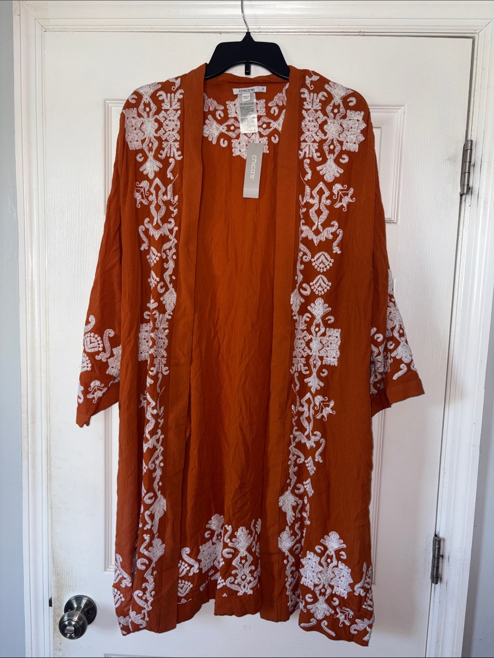 Chico’s- California Orange Open-Front Embroidered Duster